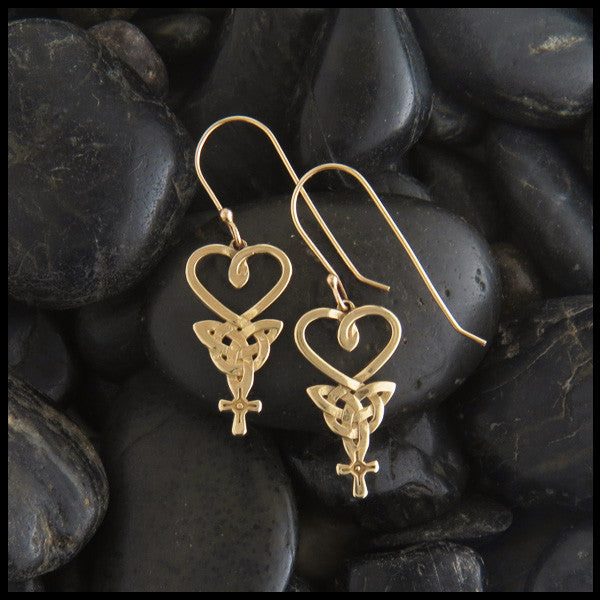 Celtic Knot Earrings in Gold, An Teor Heart Trinity Cross Knot