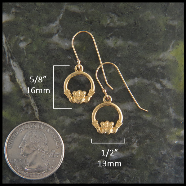 Claddagh Drop Earrings in 14K Gold measure 5/8" by 1/2"