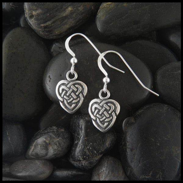 Small Celtic knot heart drop or post earrings in Sterling Silver