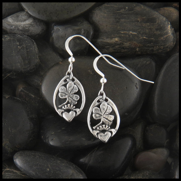 Irish Claddagh and Shamrock Drop Earrings in Sterling Silver