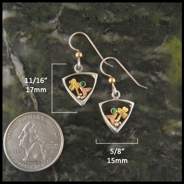 Sterling Silver and Gold Drop earrings with shamrocks, triquetras, and tsavorite garnet