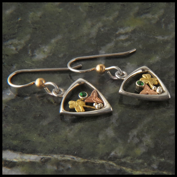 Silver and Gold earrings with shamrocks, triquetras, and tsavorite garnet