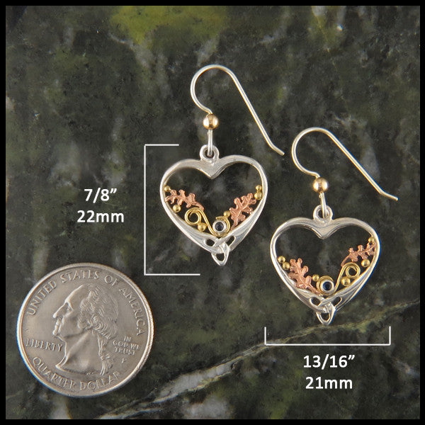 Celtic Heart and Oak leaf drop earrings in Silver and Gold set with gemstones