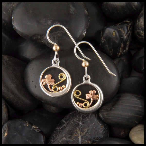 Round Shamrock drop earrings in Sterling Silver and Gold