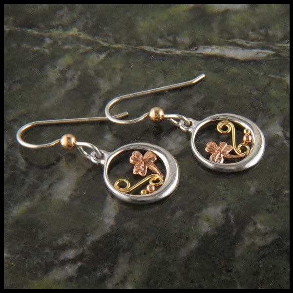 Round Shamrock drop earrings in Sterling Silver and Gold