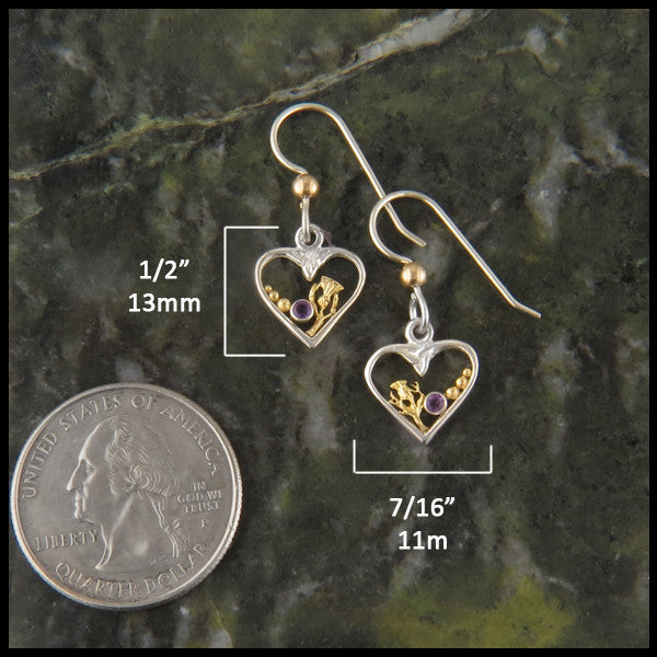 Celtic heart earrings in Sterling Silver and Gold measure 1/2" by 7/16"