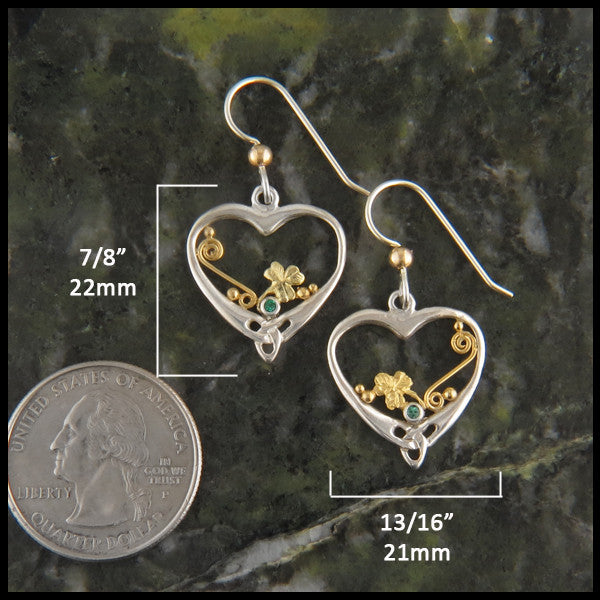 Shamrock earrings in Gold and Silver with Emeralds measure 7/8" by 13/16"