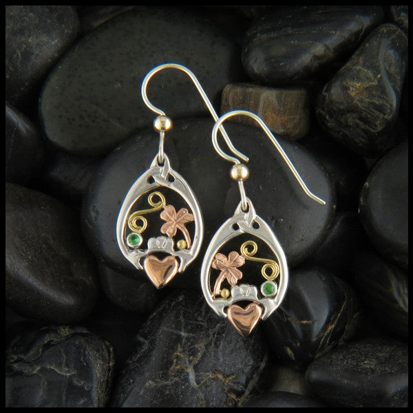 Silver and Gold Claddagh and Shamrock drop earrings