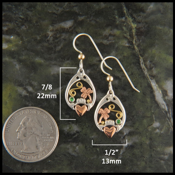 Silver and Gold Claddagh and Shamrock drop earrings measure 7/8" by 1/2"