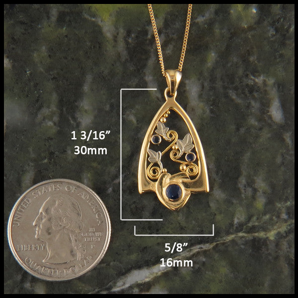 Gold Celtic Pendant and Earring set with Sapphires and Ivy Leaves