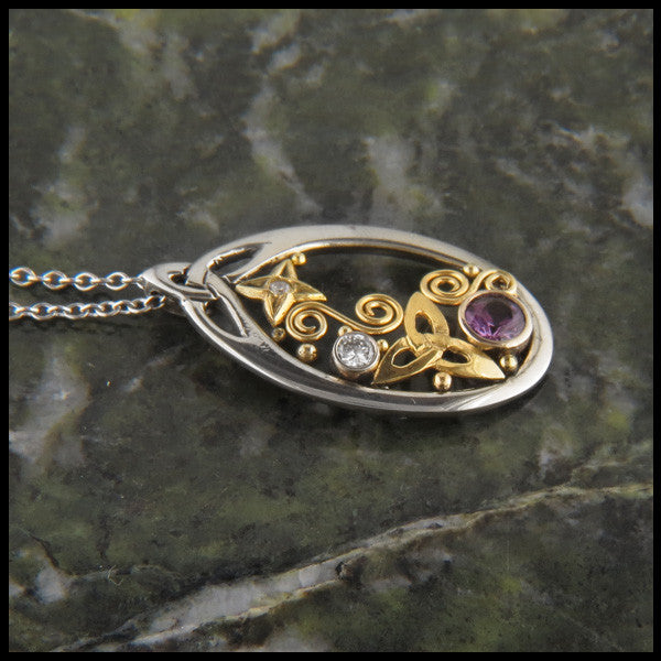 Purple Sapphire Pendant and Earring Set in Gold with Trinity Knots
