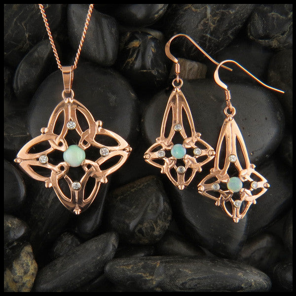 Celtic Triquetra pendant and earring set in 14K Gold with Diamonds and Opals