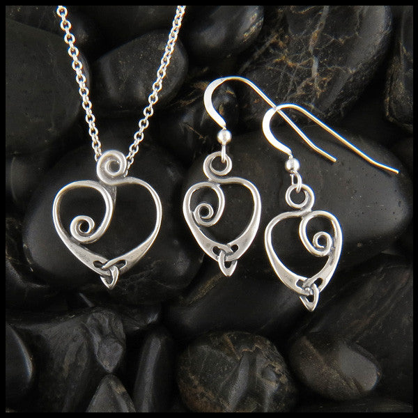 Celtic Heart and Triquetra Pendant and Earring Set in Sterling Silver