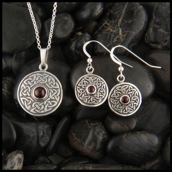 Wheel of life Pendant and Earring Set in Sterling Silver with Amethyst, Garnet or Marble