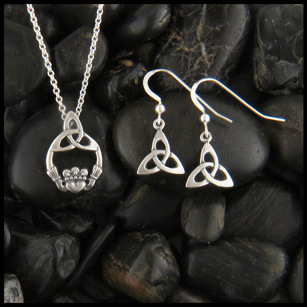 Trinity Knot and Claddagh Pendant and Earring Set in Sterling Silver