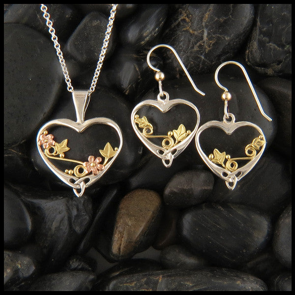 Sterling Silver and Gold pendant and earring set with Ivy and Flowers