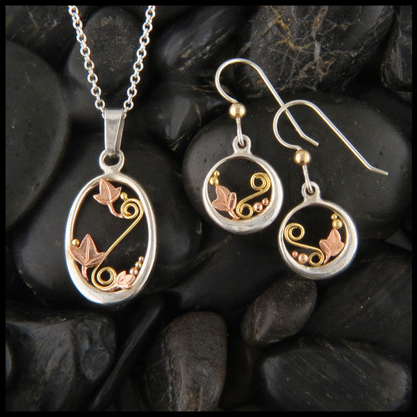 Sterling Silver and Gold Shamrock or Ivy pendant and earring set 
