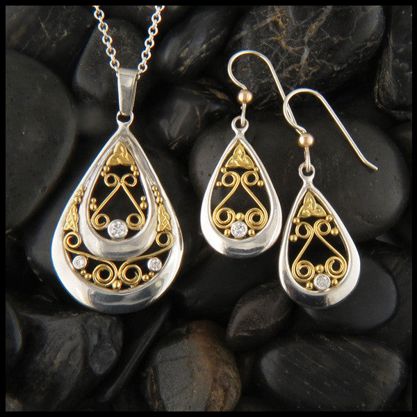 Ornate Gold and Sterling Silver Celtic Pendant and Earring Set with Diamonds