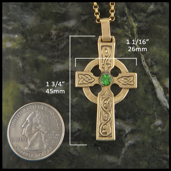 Large Ivy Celtic Cross in 14K Gold with Gemstones measures 1 3/4" by 1 1/16"