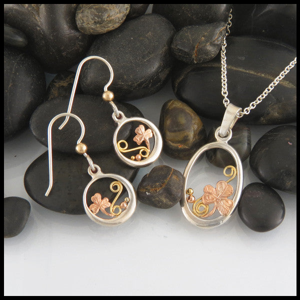 Sterling Silver and Gold Shamrock or Ivy pendant and earring set 