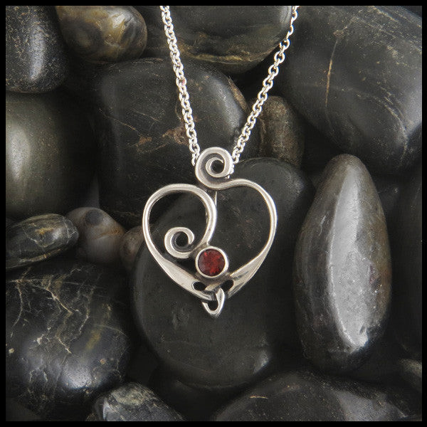 Spiral Celtic Heart pendant  in Sterling Silver with Garnet