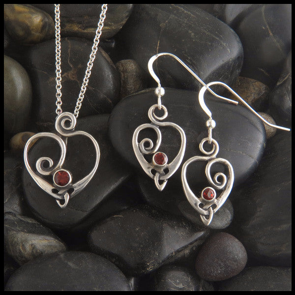 Spiral Celtic Heart pendant and earring set in Sterling Silver with Garnet