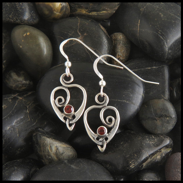 Spiral Celtic Heart earring set in Sterling Silver with Garnet