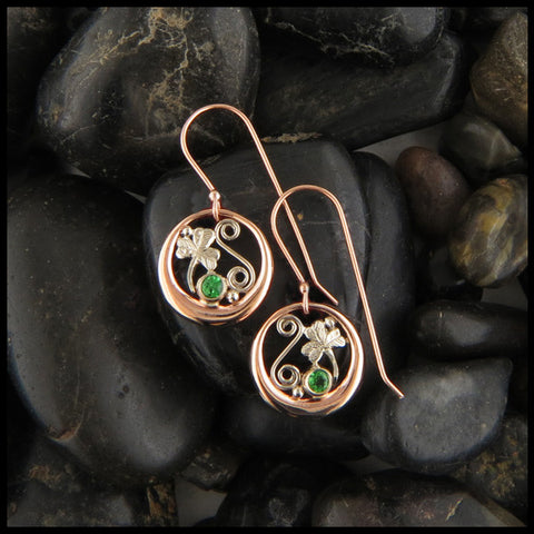 14K Rose and White Gold Celtic Drop earrings with Tsavorite Garnet