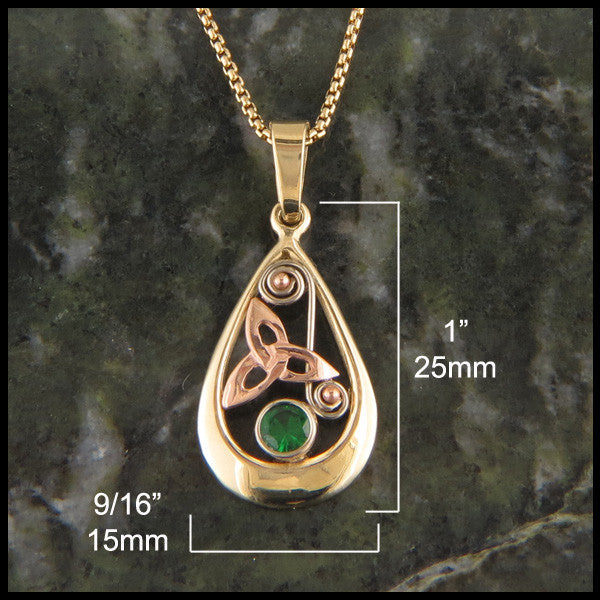 Teardrop pendant and earring set in 14K Gold with Triquetras and Tsavorite