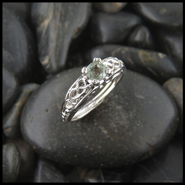 Celtic Cathedral Ring in White Gold with Green Sapphire
