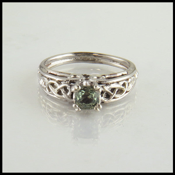 Celtic Cathedral Ring in White Gold with Green Sapphire