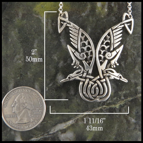 Celtic Heron Pendant in sterling silver by Mithril Jewelry measures 2" by 1 11/16"