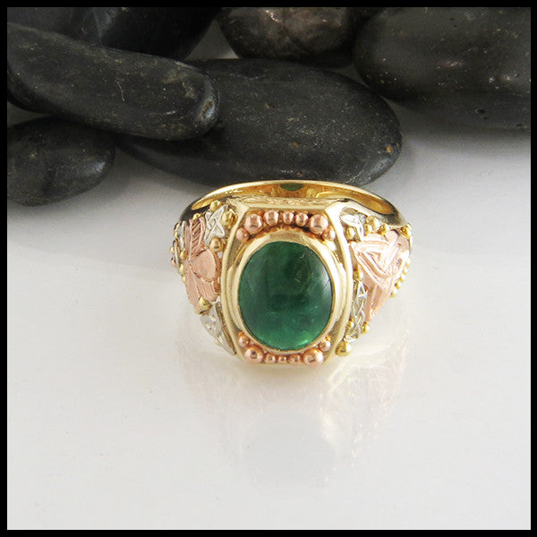 trigold emerald cabochon spiral shamrock triquetra rose white yellow green irish celtic ring 