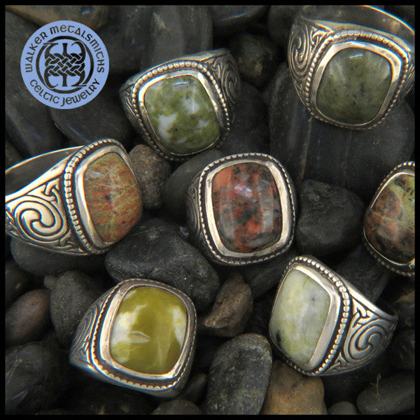 Large Men's Celtic Ring with Connemara Marble and Bloodstone in Sterling Silver
