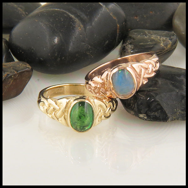 Celtic Trinity Ring with Oval Tsavorite and Opal in Gold