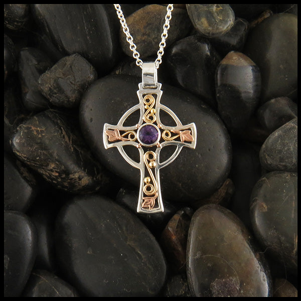 WithLoveSilver 925 Sterling Silver Celtic Cross Pendant With Natural Amethyst Stone – 3.15 Grams, Black Velvet Pouch