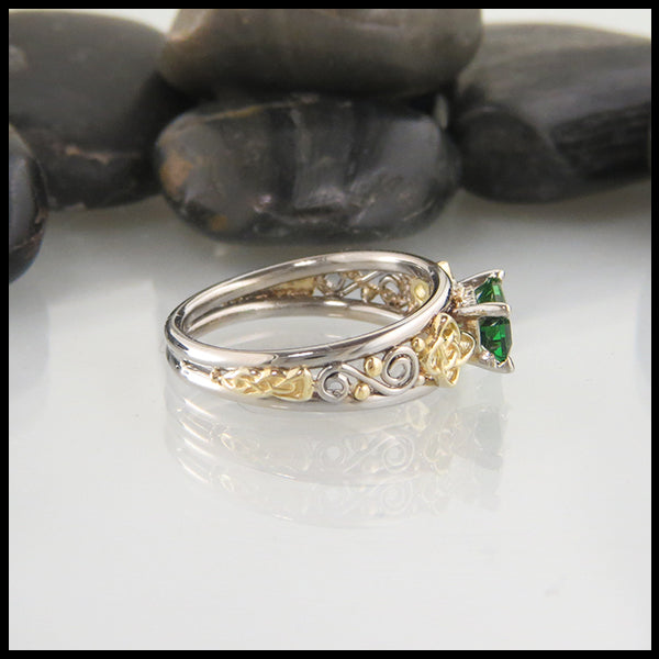 Custom Emerald Cut Tsavorite Engagement Ring in White and Yellow Gold