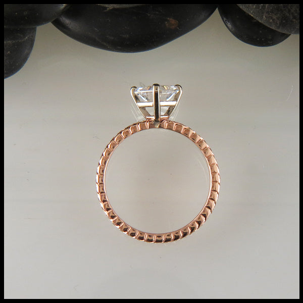 Profile view of Asscher Cut Moissanite Solitaire Celtic Love Knot Ring