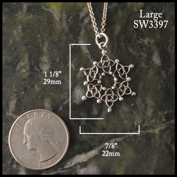 Large Sterling silver Snowflake pendant measures 1 1/8" by 7/8"