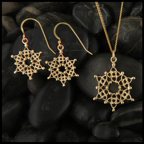 Celtic Snowflake Pendant and Earring Set in 14K Gold