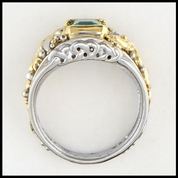 Profile view of Celestial Emerald Frame Ring in 14K White, and Yellow gold.