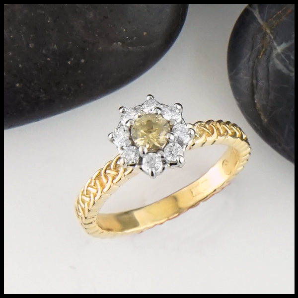 Josephine's Knot ring in 14K Yellow gold with Yellow Sapphire and Diamond Halo