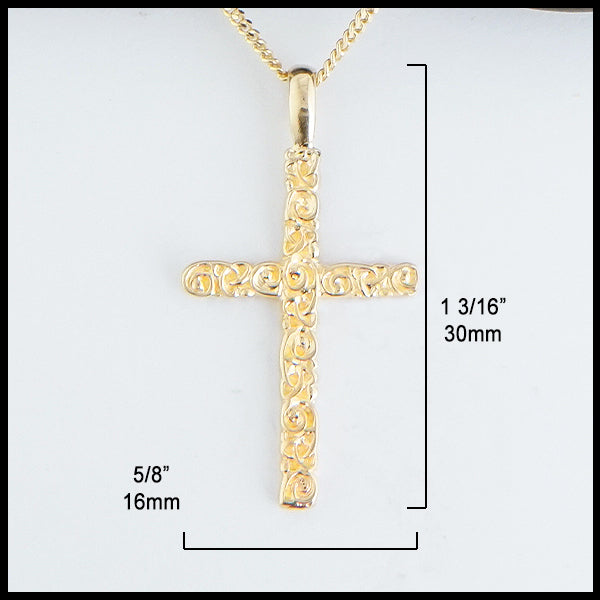 5/8 inch by 1 3/16 inches Trinity Scroll Cross in 14K Gold