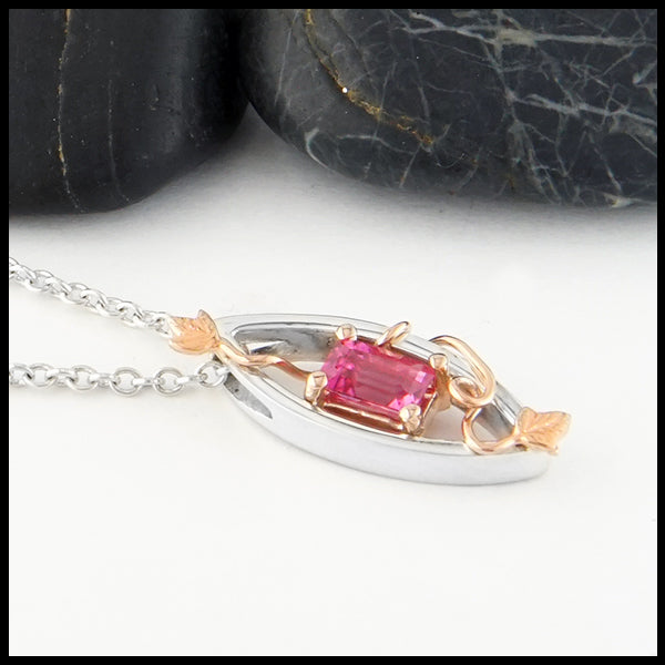 Profile view of Pink Tourmaline and Gold Ivy Pendant
