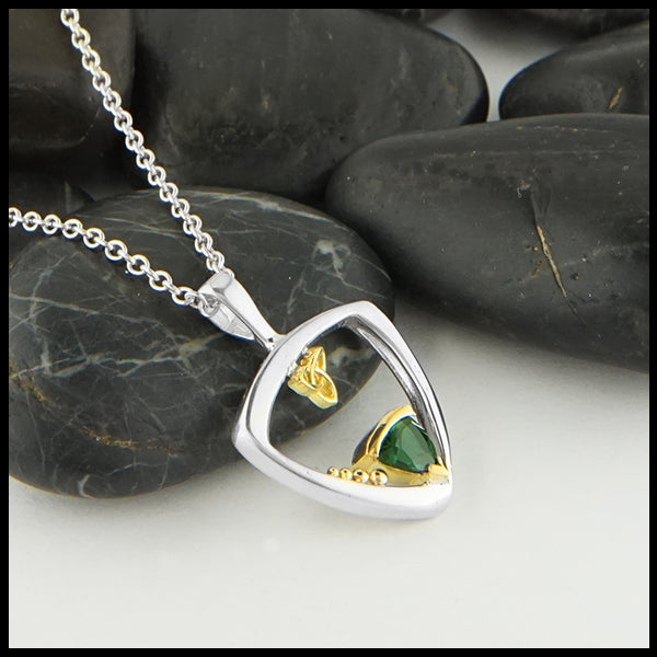 Custom green tourmaline pendant in sterling silver and 18K yellow gold