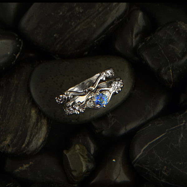 Trinity Scroll diamond and sapphire wedding set