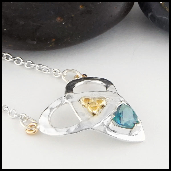 Profile view Trinity Knot and Heart Shaped Evergreen Topaz Necklace