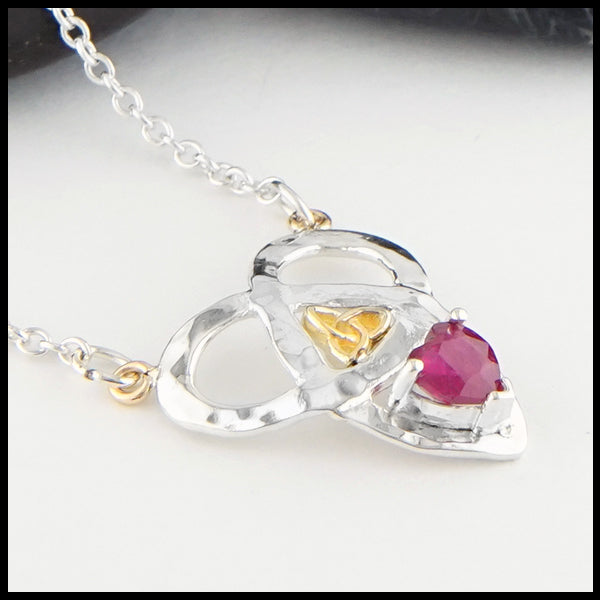 Profile view Trinity Knot and Heart Shaped Ruby Necklace