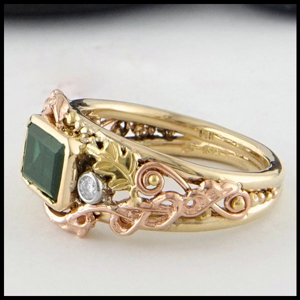 Profile view of Green Tourmaline and Diamond Gold Custom Ring