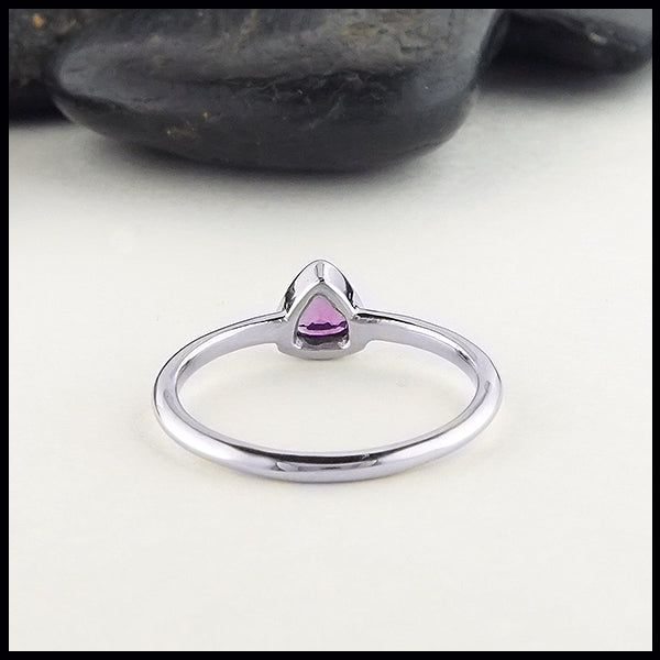 back view of trillion purple sapphire ring in white gold